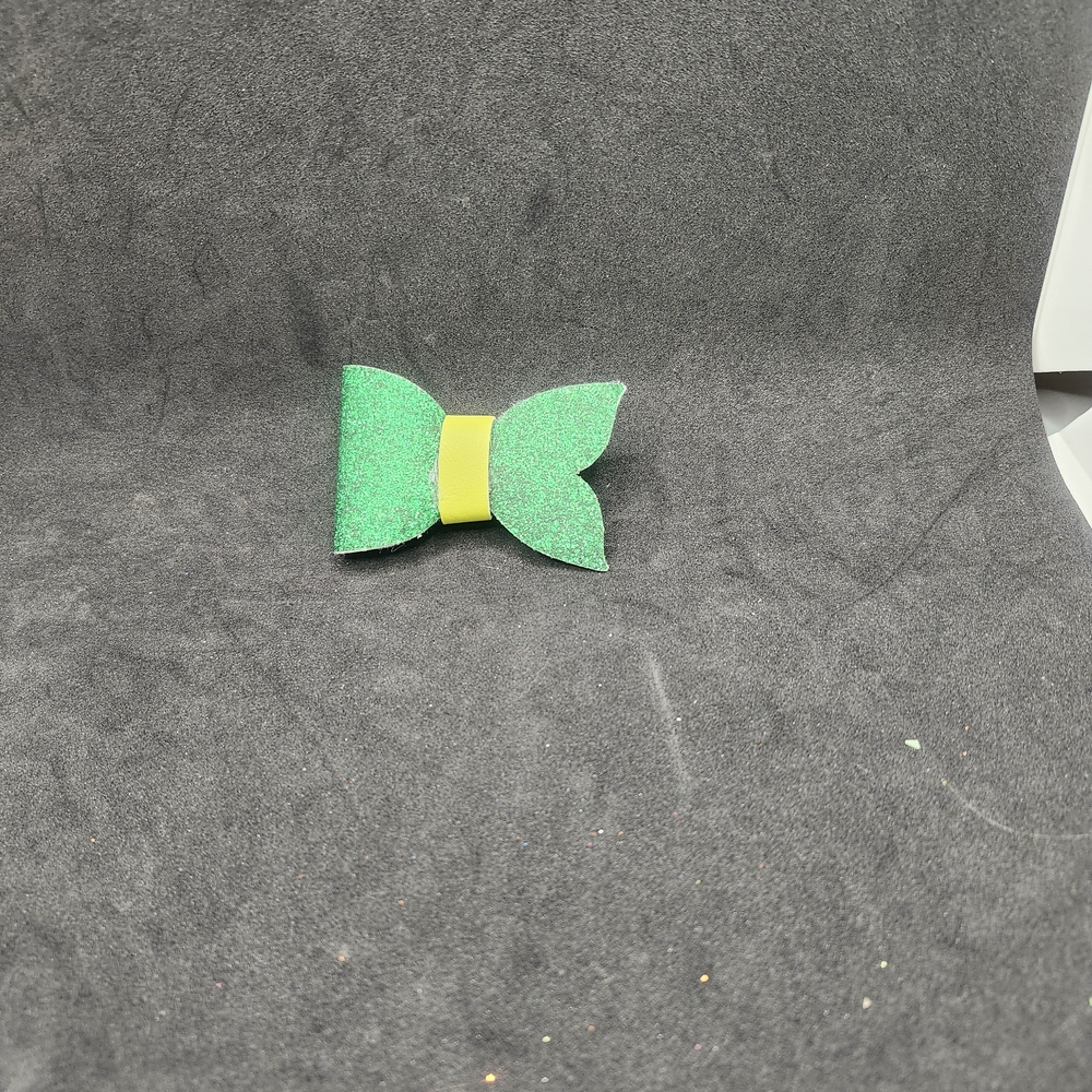 Hand Crafted Green Glitter Hair Bow with Faux Leather Barrette Clip